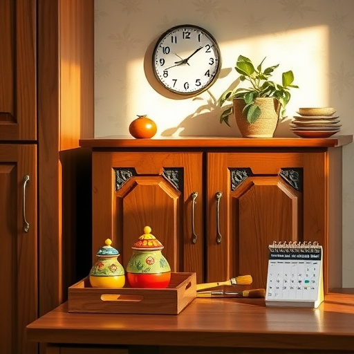 A rustic kitchen scene highlights a farmhouse-style cabinet upgrade, featuring a distressed cabinet with vintage hardware, partially open to reveal neatly arranged glassware and colorful ceramics that enhance a cozy atmosphere. Surrounding the cabinet is a warm wooden countertop adorned with fresh herbs in clay pots, a slice of homemade bread on a checkered cloth, and charming kitchen utensils like a wooden spoon and a vintage coffee grinder. Soft, golden morning light filters through a window, creating a tranquil ambiance. Quirky accents include a rustic sign reading "Upgrade Your Space - One Cabinet at a Time," an old-fashioned scale with a potted succulent, and a whimsical rooster figurine among the decor. The background showcases soft, muted colors reminiscent of the High Renaissance, with earthy tones of beige, sage green, and light wood, emphasizing the cabinet as the focal point and celebrating the charm of farmhouse aesthetics while inspiring home improvement creativity.