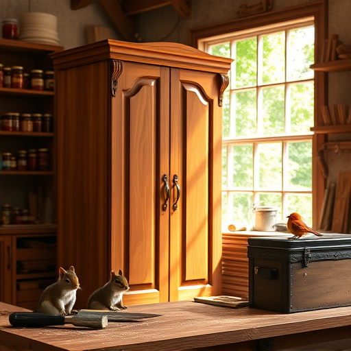 Tranquil workshop scene focused on cabinet staining and restoration with a warm, inviting atmosphere. The main subject is an elegant wooden cabinet, partially restored, showcasing rich mahogany tones and smooth textures, reflecting the beauty of craftsmanship. Surrounding tools such as brushes and cans of stain are creatively arranged, influenced by Pre-Columbian art with vibrant colors of deep reds, lush greens, and earthy browns. A rustic workbench in the background features intricate carvings reminiscent of ancient civilizations, with beams of sunlight filtering through a window, casting gentle shadows on the wood grain. Decorative elements, including a ceramic bowl of natural pigments and bags of organic stains, add an artisanal touch. Quirky details like a curious squirrel peeking around a can of stain and a parrot perched on sandpaper emphasize playful creativity. The composition radiates a calm yet enthusiastic energy, making it ideal for blogs about cabinet restoration tips and furniture refinishing.
