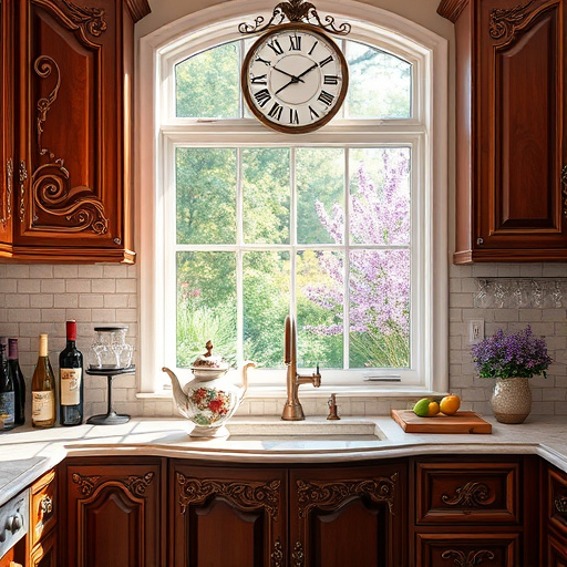 Alt Text: A Baroque-inspired blog cover image showcasing a lavish kitchen in Allen, Texas, featuring intricately carved wooden cabinets with floral motifs in deep emerald and gold. The warm light from an ornate chandelier highlights a grand timber island topped with a marble countertop displaying colorful fruits like pomegranates and grapes. A vase of wildflowers adds charm near the countertop's edge. Quirky kitchen utensils, including an ornate whisk and patterned rolling pin, complement decorative teapots scattered around. The soft peach and cream filigree wallpaper enhances the opulent yet cozy atmosphere, while a rustic window reveals a scenic Texas landscape with rolling hills and wildflowers. The image balances elegance and warmth, inviting readers to envision their ideal kitchen setup with wholesale kitchen cabinets.
