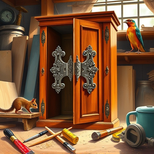 Alt text: A stunning blog cover image showcasing a variety of custom commercial cabinets in an elegant workshop setting in Allen, Texas. The cabinets feature intricate wood grain patterns, modern minimalist designs, and vibrant paint finishes, artfully arranged to highlight their unique characteristics. Warm light pours into the workshop, casting soft shadows that enhance the textures of the wood and lacquer. Vintage tools hang on the walls, and wood samples are displayed on tables, suggesting a commitment to quality craft. A large window reveals the Texan landscape with rolling hills and blue skies. A playful squirrel peeks through the open window, adding a whimsical touch. The color palette of blues, greens, and warm browns enriches the scene, embodying the vibrant spirit of Allen. The image, styled in High Renaissance art, features meticulous detail and balanced composition, capturing the essence of craftsmanship and inviting viewers to explore custom cabinetry in a modern landscape.