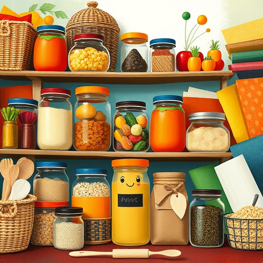 A vibrant Tachisme art style blog cover image showcases "Pantry storage solutions for tight spaces." The scene features cleverly stacked jars, containers, and baskets filled with colorful spices, grains, and cooking essentials, reflecting a sense of organized chaos and abundance. Playful elements include cheerful illustrations of anthropomorphic vegetables peering from behind containers and a smiling spice jar, adding humor and personality. The background consists of shelves adorned with bright, patterned papers resembling fabric, emphasizing creativity in organization. Subtle overlapping textures and bold abstract shapes suggest movement and ingenuity in space-saving techniques. The rich color palette of warm earthy tones—terracotta, sunny yellows, and vibrant greens—contrasts with cool blues and soft whites, conveying calm and inspiration among the organized clutter, enhanced by dynamic brushstrokes for an engaging visual focal point.