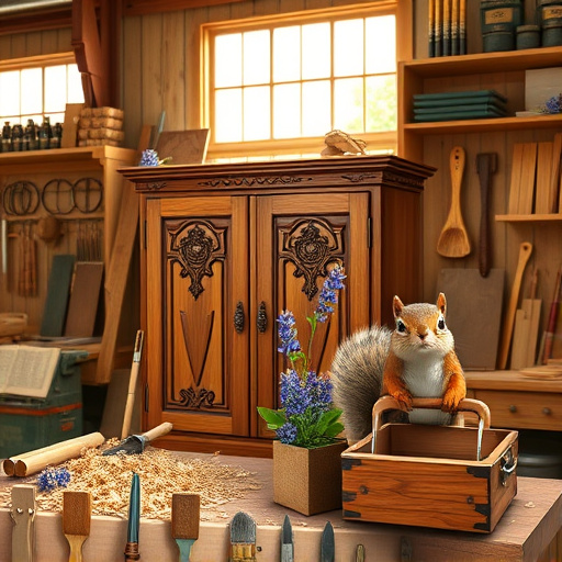 Alt text: A hyperrealistic blog cover image featuring a beautifully crafted wooden cabinet with intricate carvings and luxurious finishes, set on a rustic wooden workbench. Surrounding the cabinet are various tools like chisels, brushes, and wood samples, highlighting the craft of cabinet making. In the background, a sunlit workshop with large windows casts warm shadows, adding to the inviting atmosphere. A playful squirrel holding a tiny toolbox peeks from a pile of wood shavings, adding a whimsical touch. Texas wildflowers, including bluebonnets and Indian paintbrushes, are arranged on the shelves, enhancing the local vibe with vibrant colors. The color palette includes rich browns and soft earthy tones, creating a serene and engaging visual experience, perfect for homeowners seeking inspiration for custom cabinetry while showcasing the craftsmanship culture of Celina, Texas.