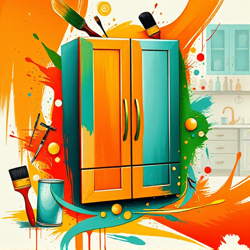 A vibrant abstract artwork depicting the theme "Local Cabinet Painting Contractors" with bold strokes of rich orange, lush green, and hints of turquoise. The centerpiece features a stylized cabinet with exaggerated, blended sections displaying various paint textures—swirls, splatters, and smooth finishes—highlighting the artistry of craftsmen. Surrounding the cabinet, abstract shapes like brushes and paint cans burst forth, creating a playful and energetic atmosphere. Whimsical details include tiny imaginary creatures resembling small paintbrushes peeking out and exaggerated paint drips falling like rain, conveying a sense of creative chaos. The background suggests a workshop with vaguely outlined tools and cabinets in a dreamlike haze, merging into the colorful foreground. The overall composition invites viewers to explore, celebrating creativity and passion in cabinet painting.