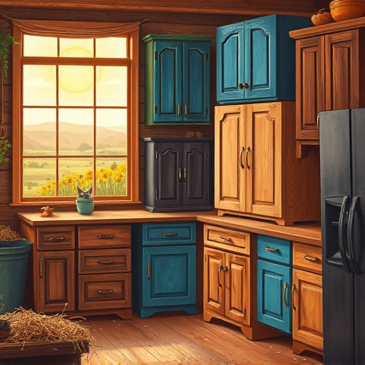 A cozy, stylish kitchen scene focuses on a beautifully refinished cabinet with a rich, glossy finish in soft whites, warm beiges, and earthy greens, evoking calm and homeliness. Playful elements include a flickering candle on the counter, a vase of colorful wildflowers, and assorted wooden utensils. A whimsical, cartoonish talking spatula leans over the counter, excitedly showcasing the cabinet’s transformation. Sunlight streams through a window with sheer curtains, revealing a hint of greenery, such as potted plants or a small herb garden on the windowsill. The artistic style blends realistic details with abstract elements, and the muted yet uplifting color palette enhances the warm, inviting atmosphere, embodying the theme of durable cabinet refinishing for families.