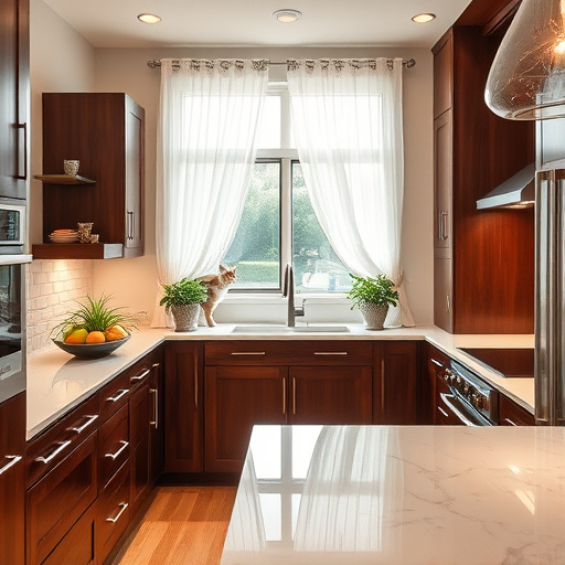 Art Deco-inspired blog cover image featuring a sophisticated kitchen cabinet display in Coppell, Texas. The centerpiece showcases elegantly designed cabinets with geometric patterns and intricate detailing, complemented by polished chrome handles and luxurious finishes. Surrounding elements include retro kitchen gadgets like a gleaming toaster and vibrant teapot, both designed with bold shapes and vivid colors. A whimsical fruit bowl filled with exaggeratedly large oranges and apples sits atop a sleek counter, suggesting abundance. The inviting atmosphere blends nostalgia and modern flair, with soft lighting that highlights the cabinets' striking qualities. A stylized lowered ceiling and muted background colors enhance the Art Deco aesthetic, while walls display a tasteful mural of abstract shapes inspired by vintage kitchen motifs. A tall fiddle leaf fig plant adds freshness to the scene, contrasting beautifully with the decorative cabinets. The overall color palette features rich teal, gold, and deep burgundy, creating a playful yet sophisticated environment that captures the unique character of Coppell’s kitchen cabinet offerings.