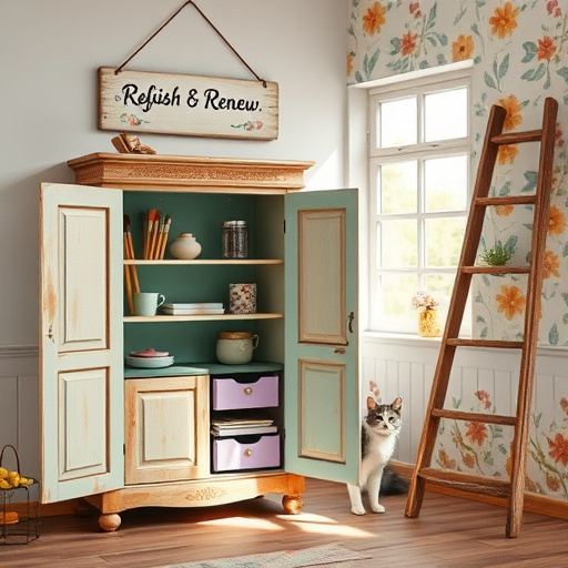 A cozy, rustic workshop in Hurst, Texas showcases an intricate display of custom cabinetry, featuring unique cabinet designs with various finishes and textures in rich dark woods, vibrant blues, and warm earth tones. Sunlight streams through the workshop window, illuminating a scenic Texas landscape with distant hills and wildflowers. Whimsical motifs add character, including tiny animals peeking from cabinet drawers and playful wood shavings scattered on the floor. Intricate dot patterns reminiscent of Aboriginal art wrap around the cabinets, enhancing the vibrant colors and emphasizing a community spirit. The overall atmosphere radiates warmth and creativity, inviting viewers to discover the charm of custom cabinetry.