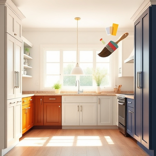 A vibrant digital illustration depicting "cabinet refacing online," featuring a stylized kitchen with an array of colorful refaced cabinets in finishes like deep mahogany, bright white, and rich navy blue. The cabinets are artfully arranged to create an inviting layout, showcasing sleek handles and intricate details that highlight superior craftsmanship. Surrounding tools and materials for refacing, including paint swatches, wood samples, and shiny knobs, add a playful touch. The background reveals a spacious kitchen bathed in natural light, with large windows casting gentle shadows. A whimsical detail includes a floating paintbrush and a paint can with eyes, symbolizing creativity in home improvement. The warm color palette features soft beiges and pastels, inviting viewers to imagine their own kitchen transformation through cabinet refacing. The smooth gradients and bold outlines in the digital art style enhance the overall playful and inspirational tone.