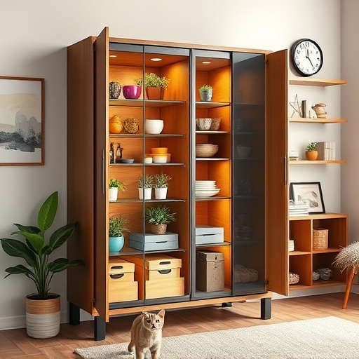 Photorealistic blog cover image featuring an elegantly designed, multifunctional cabinet that showcases innovative space-saving storage ideas. The cabinet is opened to reveal a variety of compartments filled with colorful kitchenware, stylish decorative boxes, and lush potted plants, emphasizing the blend of utility and decor. The image's soft earthy tones and gentle lighting create a calm, inviting atmosphere, highlighting the textures of wood and metal. The cozy, minimalist room backdrop includes a nearby plant, an abstract wall art piece, and open shelves with curated knick-knacks. A whimsical tiny cat peeks from behind a box, and a quirky clock with an imaginative face adds a playful touch. The overall composition inspires viewers with stylish space-saving solutions and a warm, homey vibe.