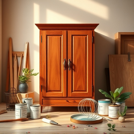 Photorealistic cover image for a blog post titled "How to Fix Peeling Cabinet Veneer," featuring a weathered wooden cabinet with a prominent section of peeling veneer, showcasing contrasting textures and colors of the exposed wood beneath. Surrounding the cabinet are crafting tools including a soft brush, a bottle of wood glue, and a roll of sandpaper, alluding to a DIY restoration process. The scene is set in a cozy kitchen, illuminated by soft sunlight streaming through a window, which highlights the wood grain of nearby cabinets and creates a serene, inviting atmosphere. A potted plant adds a touch of greenery, while a small, friendly-looking squirrel peeks from the edge of the cabinet, enhancing the whimsical aspect of the image. The overall color palette includes warm, earthy tones of browns and tans, complemented by soft yellow sunlight, creating an inspiring ambiance for DIY enthusiasts interested in home improvement projects.
