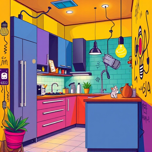 Alt text: A captivating blog cover image for "Kitchen Cabinet Restoration in Hurst, Texas," featuring an inviting kitchen scene with rustic wooden cabinets, some half-restored to showcase the transformation process. The sunlit countertop displays detailed elements such as brushes, vibrant earth-toned paint pots, and artfully scattered wood shavings, creating a working atmosphere. A playful raccoon peeks from behind a cabinet door, and a friendly squirrel holds a tiny paintbrush on the countertop. The kitchen is decorated with Texas charm, including desert cacti in terracotta pots and a metal star hanging on the wall. The warm backdrop features rich tones inspired by Native American art, with intricate cabinet carvings. Natural light streams through a sheer curtain, casting gentle shadows and enhancing the cozy ambiance, inspiring homeowners to embrace their own kitchen restoration journey.