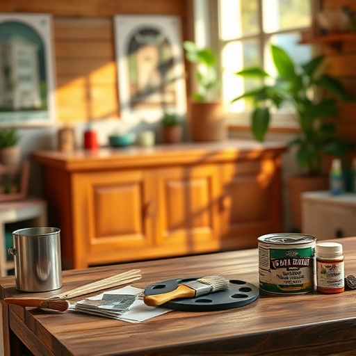 An inviting blog cover image for "Moisture-resistant cabinet refinishing," featuring a beautifully refinished cabinet with a hydrophobic finish that highlights its rich, warm wood grain. Soft, ambient lighting accentuates the cabinet's gleaming surfaces. Surrounding the cabinet are tools of the trade—brushes, paint cans, and sandpaper—carefully arranged on a wooden workbench, suggesting the creative process. A whimsical touch includes a tiny animated paintbrush appearing to dance across a palette and a cheerful droplet of water sliding off the cabinet edge, emphasizing its moisture-resistant qualities. The background features a cozy workshop with vintage makeover posters and lush green plants basking in golden hour sunlight. The warm color palette of rich browns, soft greens, and deep blues contrasts with the vibrant colors of the paint supplies, creating a serene yet playful atmosphere that evokes the joy of furniture revitalization.