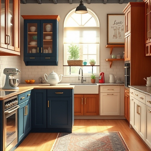 Alt Text: A vibrant and abstract blog cover image depicting "Long-lasting cabinet refinishing techniques," featuring a central cabinet with a gradient of colors from deep mahogany to bright turquoise. The cabinet's surfaces are adorned with swirling wood grain patterns, symbolizing texture and depth. Surrounding the cabinet are warm orange and cool blue paint splatters, creating a sophisticated yet playful atmosphere. The softly blurred background suggests a workshop environment with hints of tools like a paintbrush, roller, and sanding block, enhancing the artisanal theme. Light highlights the glossy finishes, conveying warmth and comfort. The mood reflects innovative playfulness, inviting both hobbyists and professionals to explore creative cabinet refinishing. Quirky details, such as whimsical paint drips and merging geometric forms, add personality and charm. The color palette incorporates vibrant yellows, rich reds, and calming blues, embodying artistic freedom and craftsmanship in Abstract Expressionism style.