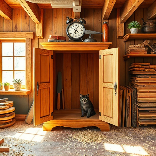 A Gothic-styled kitchen illustration featuring ornate cabinetry with intricate ivy and owl carvings in a dimly-lit setting. Soft amber light from motion-sensor cabinet lights illuminates textured wood surfaces. A curious raven perches on a cabinet, beside whimsical kitchen gadgets like a dragon-shaped corkscrew and a crescent moon spoon. The background showcases Gothic architecture with pointed arches and flickering candle sconces, while a shadowy window reveals a twisted tree silhouette. A delicate cobweb adds to the mystical atmosphere, alongside an overflowing basket of iridescent mushrooms and star-shaped herbs, symbolizing modern culinary creativity. The rich palette of burgundies, emerald greens, and midnight blues enhances the Gothic charm, embodying the blend of elegance and innovation in kitchen design without human presence.