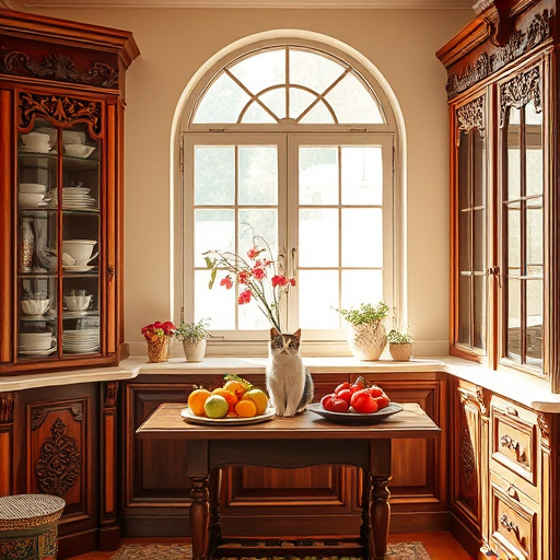 Alt Text: A serene kitchen interior bathed in warm, amber light from newly installed dimmable cabinet lighting. The close-up showcases handcrafted wooden cabinets with delicate floral patterns. A rustic dining table nearby holds fresh herbs in vintage pots and elegant glass jars filled with colorful spices. Tools, including a charming wrench and a soft yellow measuring tape beside a miniature lightbulb model, are on the counter. The wall features intricate, Pre-Raphaelite-inspired tile work in rich colors. A playful cat paws at hanging light fixtures, adding whimsy to the scene. Deep greens, muted golds, and soft earth tones create a calm and nurturing ambiance. An ivy vine climbs a window frame, allowing natural light to enhance the artful details and inviting atmosphere of the kitchen.