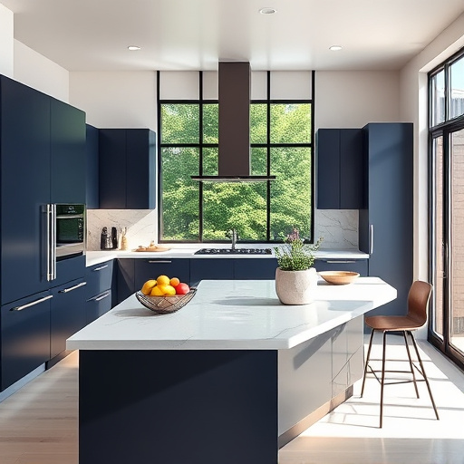 A captivating blog cover image featuring modern kitchen cabinets in Carrollton, Texas. The design showcases sleek, contemporary cabinets with a mix of matte and glossy finishes in colors ranging from crisp whites to deep navy blues. Unique hardware, like minimalist handles and soft-close hinges, is prominently displayed. A stylish kitchen island with bar stools adds functionality, while whimsical elements like a quirky fruit bowl shaped like a geometric sculpture and a small potted herb garden hint at a love for cooking. The spacious kitchen is filled with natural light streaming through large windows that frame a view of lush greenery, creating a serene suburban atmosphere. Soft reflections on shiny surfaces and ambient lighting enhance the realism, with a color palette of soft pastels and bold accents that evoke tranquility and inspiration, inviting readers into the world of modern kitchen design.