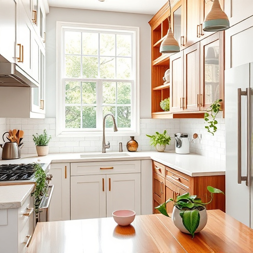 Alt text: A vibrant blog cover image for "How to Clean Refinished Cabinets," showcasing a modern kitchen with sleek, glossy refinished cabinets reflecting light. The scene features whimsical oversized cleaning tools, including a giant smiling sponge floating playfully among bubbles. A softly glowing multifunctional cleaner bottle sits on the countertop, suggesting eco-friendliness. Surreal elements include a large clock melting into the kitchen wall, symbolizing timeless home care effort. The bright, airy kitchen background emphasizes geometric shapes and crisp lines, highlighted by a color palette of pastels with teal and coral accents. Prismatic light through a window enhances the cabinets' refined quality, while small potted plants add a touch of nature, balancing cleanliness with liveliness. The image embodies Futurism through sharp angles and a dynamic sense of innovation in household care.