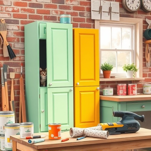 A hyperrealistic image for a blog cover titled "Best Cabinet Brands Aubrey, Texas" shows a beautifully designed kitchen featuring a variety of exquisite cabinetry styles, including classic American farmhouse and sleek modern designs. The cabinets display rich wood grains and intricate details, emphasizing quality craftsmanship. The professional yet inviting tone of the image is enhanced by whimsical kitchen gadgets and a colorful fruit bowl that adds vibrant pops of color. Natural light streams through a window, illuminating the cabinetry and creating a warm, functional atmosphere. The color palette incorporates warm earth tones, soft whites, and vibrant accents, reflecting the comfort and homeliness characteristic of Aubrey, Texas. This stunning kitchen scene encourages viewers to envision their dream kitchen while exploring the best cabinet options available in their area.