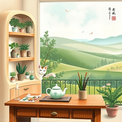A serene Chinese brush painting style illustration of a cozy medical office in Aubrey, Texas. The image features softly curved cabinets filled with traditional herbal remedies and modern medical tools, complemented by green potted plants that enhance the sense of calm. In the foreground, a vintage wooden desk displays a delicate porcelain teapot and a set of ink brushes, symbolizing a blend of ancient wisdom and contemporary care. The mood is professional yet inviting, promoting a warm sense of healing. In the background, muted earth tones and soft greens depict a hint of the Texas countryside with rolling hills and a soft blue sky, fostering a peaceful connection to nature. Whimsical elements, such as a curious cat peeking from behind the cabinets and floating cotton clouds, add a playful touch while maintaining the soothing atmosphere. Vibrant splashes of color highlight various herbal medicines, creating a visual focal point that underscores the tranquil essence of compassionate healthcare.