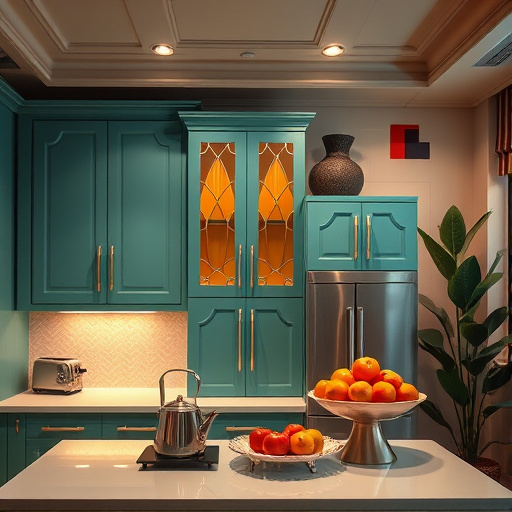 A beautifully styled kitchen scene depicts the theme 'Drying Time for Painted Cabinets,' showcasing freshly painted cabinets in soft pastel shades of blue and mint green. The cabinets are embellished with playful knobs shaped like paint drops and tiny brushes, highlighting the artistic essence of DIY projects. On the countertop, a whimsical timer resembles a paint can, symbolizing the significance of drying time. Scattered around the cabinets are various paint tubes with vibrant colors, evoking the painting process and creating a lively atmosphere. A cheeky cat peeks from behind the cabinets, adding charm and playfulness. The kitchen is bathed in warm, soft lighting, fostering an inviting environment. Faded wallpaper with playful paintbrush designs subtly accents the scene, while rustic wood or patterned tile floors harmonize with soft whites and warm neutrals, enhancing the overall calming yet dynamic mood. This digital artwork, with clean lines and a whimsical touch, captures the joy of home decoration and the patience required for painting cabinets.