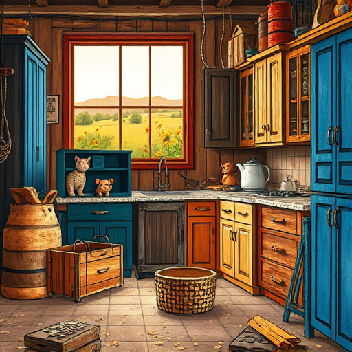 A cozy blog cover image depicting "Home improvement projects for beginners with cabinet refinishing." The scene features a rustic kitchen with a vintage wooden cabinet partially refinished, contrasting a weathered exterior with a fresh, vibrant interior in pastel shades of soft mint green and pale lavender. Open cabinet doors reveal organized paintbrushes, a can of chalk paint, and cascading patterned wallpaper samples, suggesting creative transformations. A whimsical hand-painted sign saying "Refinish & Renew," adorned with swirling Byzantine motifs, hangs above the cabinet. Soft natural light filters through a window, enhancing the inviting atmosphere, while a vibrant wall with abstract floral patterns echoes Byzantine mosaics. A playful cat peeks from behind the cabinet, its fur matching the room's color palette. Tiny paint splatters on the floor and a rustic ladder with rolled-up fabric swatches hint at past and future DIY projects. Vintage jars filled with brushes and potted herbs on the windowsill enrich the space, all contributing to a nurturing environment that inspires creativity and home-making. The overall composition reflects Byzantine art influences with rich accents, creating a relaxing yet motivating ambiance for beginner home improvers.