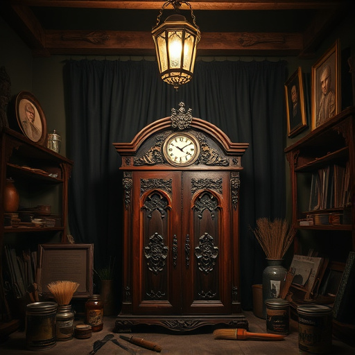 Alt Text: A Gothic-inspired blog cover image featuring a vintage cabinet with intricate carvings, showcasing wear and beauty, surrounded by tools for cabinet restoration including chisels, brushes, and wood stain cans. The cabinet is positioned in a dimly lit workshop with dark wooden beams and antique shelves filled with gilding supplies and wood samples. An antique lantern casts a warm, ethereal glow over the scene, creating a cozy yet mysterious atmosphere. Quirky details include a clock with woodworking tool hands and whimsical forest creatures carved into the cabinet. The color palette highlights deep mahogany, aged silver, and antique gold, embodying the theme of renewal. The background includes dark flowing drapes and vintage portraits that appear to watch over the craftsmanship, enhancing the sense of timelessness and artistry in this enchanting restoration space.