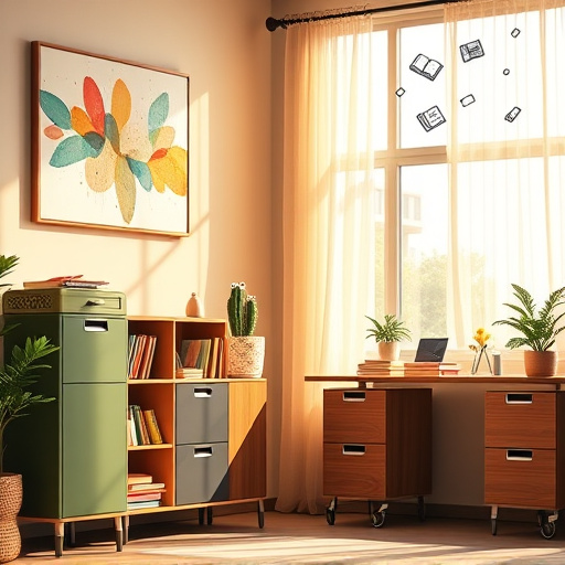 A spacious, well-lit room dedicated to home improvement features a beautifully refinished cabinet in a vibrant teal, contrasting with warm wood tones and accented by intricate brass handles. Surrounding the cabinet are colorful paint cans, brushes, and tools playfully arranged. Large airy windows allow soft, golden sunlight to fill the space, creating cheerful shadows on the hardwood floor. In one corner, a sleek ladder leans against the wall, humorously topped with a paint-splattered bucket hat. Lush potted plants add a lively touch, enhancing the warm atmosphere. A small table displays whimsical fabric swatches, bright color chips, and an open sketchbook filled with creative design ideas, indicating a thoughtful planning process. The room exudes a creative and playful mood, blending professional ambition with relaxed ingenuity. A soft pastel wall in the background is adorned with charmingly mismatched frames showcasing before-and-after photos of past projects, encapsulating the spirit of improvement. The vibrant digital art style features a bright, airy color palette emphasizing teal, warm woods, and splashes of color, inviting viewers to feel excited about the possibilities of home transformation and DIY projects.
