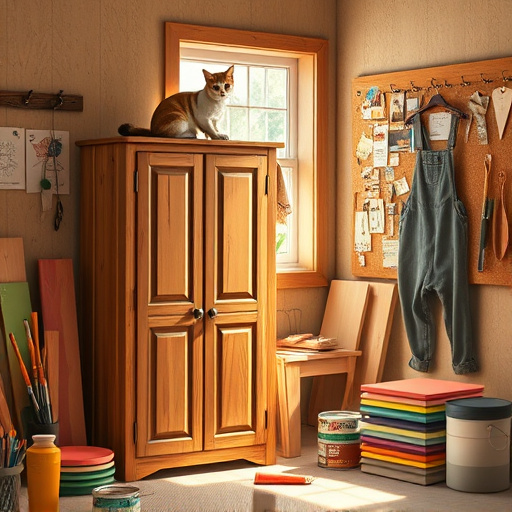 Alt Text: A vibrant conceptual artwork themed around "Cabinet Painting and Staining in Hurst, Texas," features a beautifully crafted wooden cabinet with intricate details, surrounded by an array of colorful paint and stain samples. The scene is set in a cozy workshop filled with tools such as brushes, a paint roller, and vibrant paint cans, illuminated by soft sunlight filtering through a large window. A playful cat lounges atop a stack of colorful wooden boards, while a half-finished cabinet sits in the corner. A whimsical corkboard with pinned color swatches and inspirational images adds texture to the backdrop, alongside paint-splattered overalls hanging on a hook. The calm yet uplifting ambiance is created with warm earthy tones of browns, deep greens, and soft pastels, celebrating the artistry and craftsmanship of cabinet painting and staining.