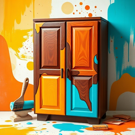 Alt Text: A vibrant OpArt style blog cover image titled "Cabinet Refinishing Cost for Materials," featuring a central stylized cabinet undergoing a transformation. One half gleams with a glossy finish while the other shows a textured, worn appearance. Surrounding the cabinet are whimsical geometric shapes and swirling patterns, evoking movement, alongside materials like brushes, paint cans, and wood samples that morph into cost chart shapes. The cheerful, informative scene includes an abstract workshop backdrop with colorful tools in wavy lines, and a tiny animated paintbrush character leaving a trail of colorful dots, enhancing the creative theme. The color palette of black, white, teal, and mustard yellow harmoniously highlights the cabinet as the focal point, inviting exploration of cabinet refinishing and its costs.