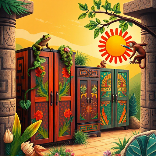 Alt Text: A high Renaissance-style kitchen featuring beautifully crafted wood cabinets adorned with intricate carvings of fruits and flowers. The image highlights various cabinet refacing options like classic oak, cherry, and contemporary slate finishes. Surrounding the cabinets are vibrant paintbrushes, glass jars with cabinet color samples, and delicate wallpaper rolls with elegant patterns. Soft, warm light filters through large Renaissance-style windows, enhancing the scene's depth. A curious squirrel peeks from behind a cabinet door, and whimsical adhesive paint swatches are stuck to the wall. The color palette includes warm earth tones, deep reds, browns, and lush greens, creating a comfortable and creative atmosphere for kitchen transformation.