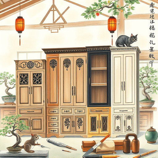 A tranquil Chinese Brush Painting scene features a variety of intricately designed home cabinets displayed in a cozy workshop, highlighting the craftsmanship of cabinet contractors in Carrollton, Texas. The cabinets, showcasing delicate carvings of local plants and animals, include a range of styles from rustic to modern, reflecting high-quality artistry. A whimsical cat peeks from behind one cabinet while a playful squirrel clings to a shelf, adding charm to the setting. Scattered tools like intricately designed brushes and chisels signify the artisan's dedication to detail, and the smooth ink strokes mirror the natural wood grain, uniting functionality with aesthetics. The sunlit workshop is decorated with hanging lanterns and potted bonsai trees, creating a peaceful atmosphere conducive to creativity. Soft greens and earthy browns dominate the color scheme, accented by vibrant cabinet colors, fostering a harmonious environment that celebrates home design and craftsmanship. This image emphasizes not only the beauty of the cabinets but also the narratives they embody, making it ideal for a blog on home design and artisan skill.
