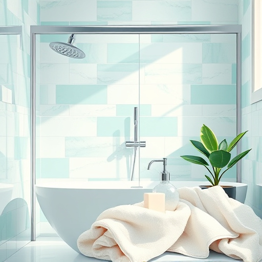 A minimalist blog cover image themed around "5x8 Bathroom Remodel Labor Cost," featuring an elegant illustration of a typical bathroom layout. The design highlights components like a compact shower, a floating vanity, and stylish fixtures, all set against a serene color palette of soft blues, grays, and whites. The atmosphere is calming and professional, while quirky details like a whimsical shower curtain with tiny rubber ducks or abstract shapes add a playful touch. The background includes a subtle pattern of water droplets or tiles, enhancing the remodeling theme while keeping the overall aesthetic simple and engaging, effectively conveying the essence of bathroom renovation.