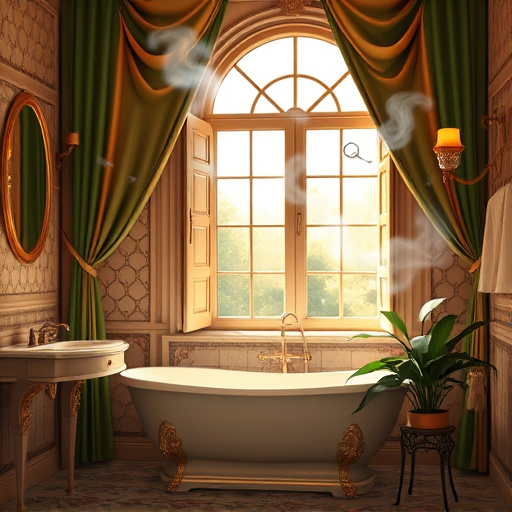 A vibrant and serene cover image for a blog about 'Modern Spa-like Bathroom Transformations,' featuring a luxurious bathroom oasis. The scene centers on an elegant soaking tub surrounded by lush greenery and soft, flowing drapes that create a tranquil atmosphere. The sink area displays sleek marble surfaces and minimalist gold-toned fixtures, exuding sophistication. Soft, warm lighting illuminates the space, casting gentle shadows on the walls. Quirky details include a cheerful rubber duck lounging on the tub's edge and a stylish potted plant with oversized leaves, adding a playful touch. The background features calming blues and earthy greens in a soft abstract representation, reminiscent of water and nature, arranged in a ColorFieldPainting style. This composition evokes feelings of peacefulness and rejuvenation, inviting viewers to envision relaxation and transformation in a modern spa experience.