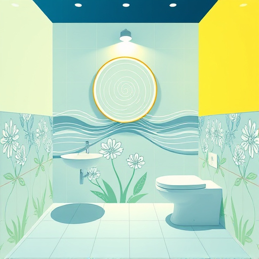 Alt Text: Surreal bathroom scene featuring a colorful patchwork tile floor with whimsical patterns like dancing ducks and swirling galaxies. Instead of traditional towels, oversized, brightly colored paper towels hang from floating soap pumps. A melting clock sink drips vibrant confetti, while a giant rubber duck floats in a cosmic whirlpool tub surrounded by sparkling bubble stars. The pastel gradient walls blend into a ceiling with golden rain clouds, complemented by a kaleidoscopic toilet roll holder on a candy-colored tree branch. The playful atmosphere bursts with bright oranges, blues, and yellows, creating a joyful energy and inviting imagination in home renovation.