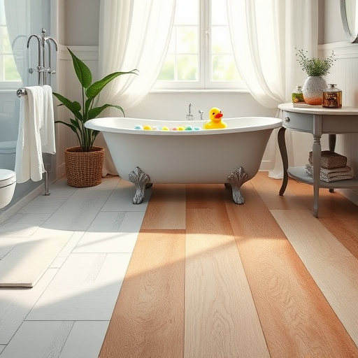 A captivating blog cover image of a cozy, elegantly designed bathroom featuring a stunning shower-to-tub conversion. The luxurious freestanding bathtub, made of white porcelain, is surrounded by fluffy towels, aromatic candles, and potted greenery, creating a tranquil atmosphere. The calm and serene mood is enhanced by deep greens and soft browns in the background, illuminated by warm natural light filtering through frosted glass. Intricate tile work adorns the walls, complemented by an ornate mirror that captures the essence of a timeless spa retreat. Whimsical rubber ducks peek from the corner of the tub, while an ivy-draped vintage showerhead signals its conversion role. An elegant bathrobe hangs on a classic wooden chair, inviting viewers to imagine their own personal oasis of relaxation and self-care in a beautifully transformed space.