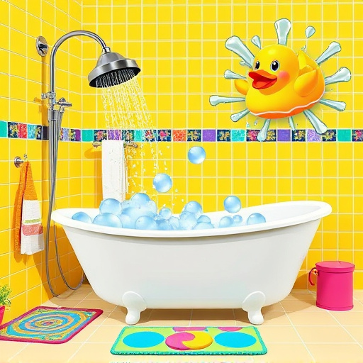 Alt text: A serene bathroom showcasing a successful bath renovation with a spacious layout featuring a large, freestanding soaking tub surrounded by lush green potted plants. The elegant floor has large tiles resembling natural stone, and the walls are painted in soothing light blue and soft white abstract waves, evoking water ripples. Quirky bath accessories include a rubber duck on the tub's edge, a tiny cactus in the corner, and colorful bath bombs on a marble countertop, adding playful character. Soft, diffused natural light streams through sheer curtains by the window, creating a warm golden glow. An oversized mirror reflects the room, enhancing depth and inviting viewers to envision themselves in this tranquil sanctuary, depicted in calming shades of blue, soft greens, and warm neutrals, embodying rejuvenation and inspiration for bath renovations.