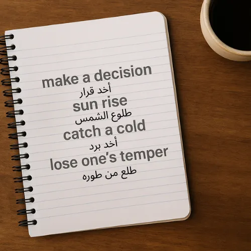 A notebook with handwritten Arabic phrases, a coffee cup, and earbuds on a desk—symbolizing immersive, everyday language learning through natural collocations.