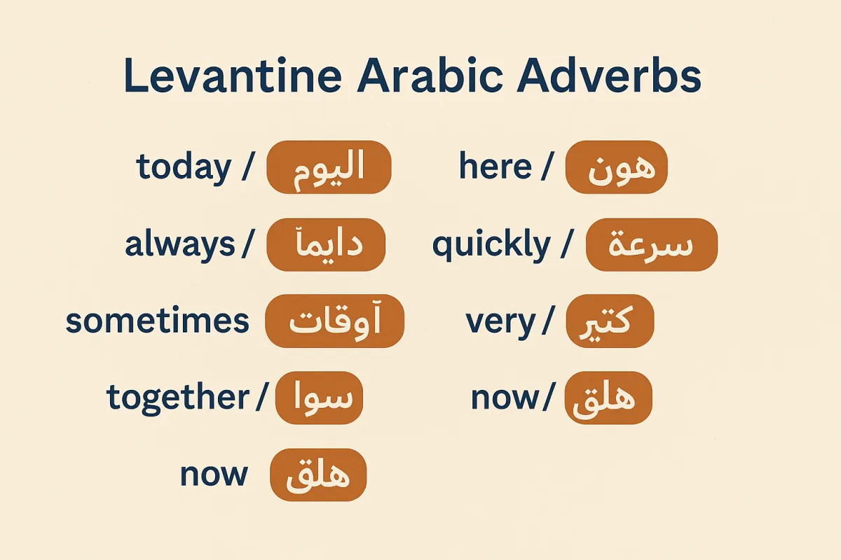A clean, modern infographic design featuring Arabic words and phrases floating in labeled speech bubbles, visually categorizing adverbs by time, place, degree, and manner.