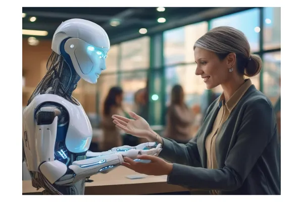 A human interacting with a futuristic AI robot in a nonprofit setting, symbolizing AI-driven donor engagement and fundraising support.
