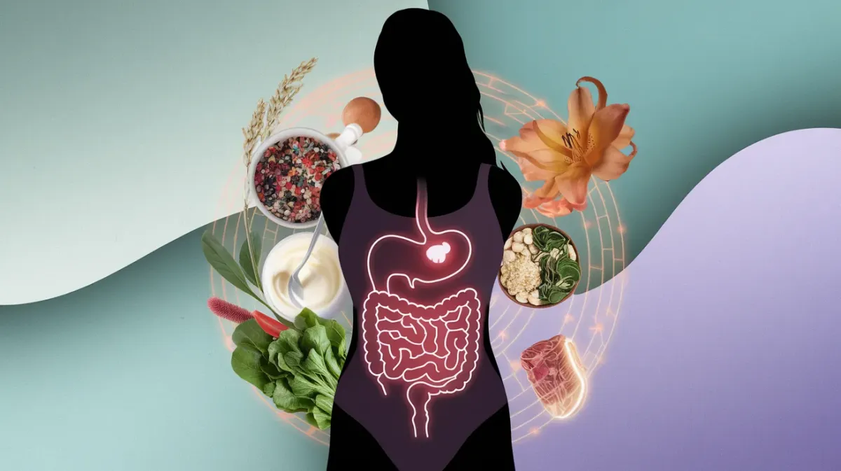 A visually striking composition illustrating the connection between gut health and women’s reproductive wellness.