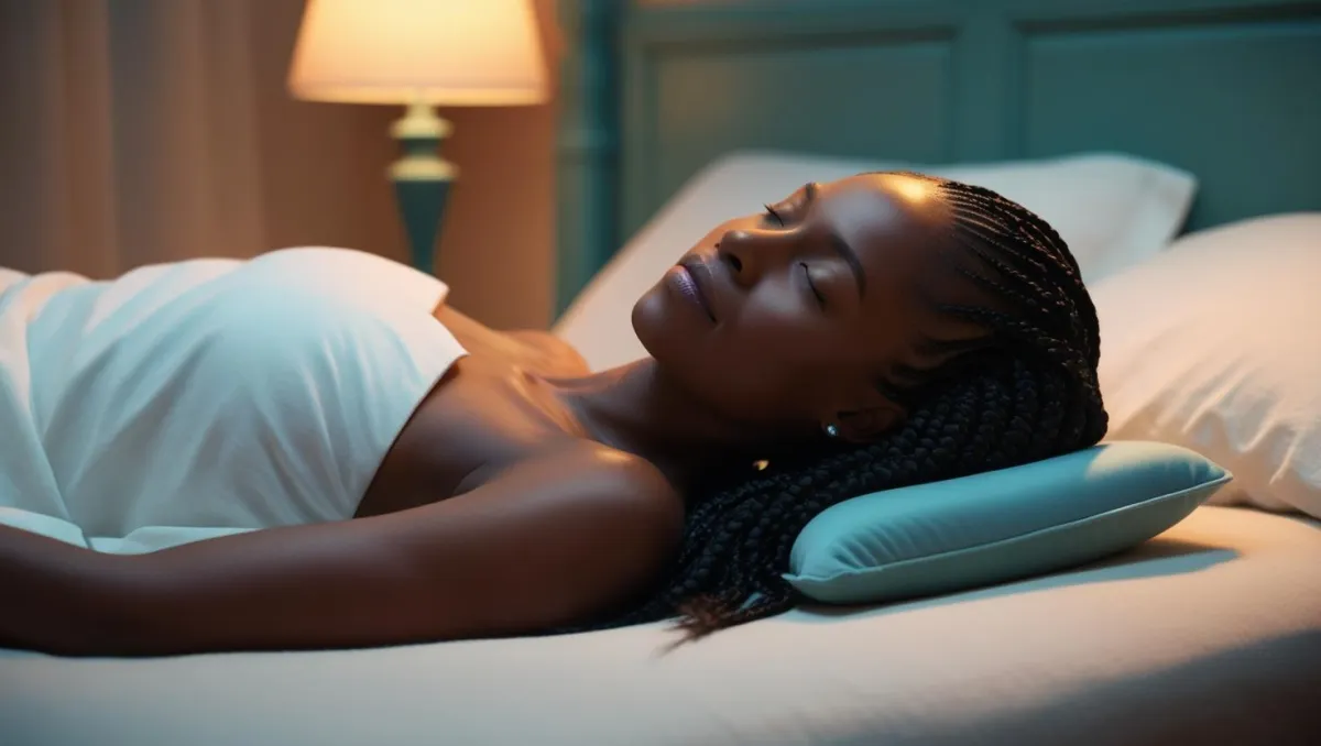 A peaceful bedroom setting with a woman of colour with braided hair sleeping comfortably in a healthy position. The scene has a warm, cozy atmosphere with soft lighting. The person sleeps on their back with a small neck pillow, showing perfect spinal alignment.