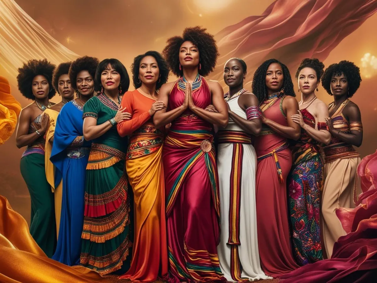 An image of a group of diverse women of color, standing together in unity, radiating strength, empowerment, and confidence. They are dressed in vibrant, culturally significant attire, symbolizing resilience and self-love. The background is infused with warm, glowing hues, representing positivity and transformation. Their expressions exude determination and sisterhood, reflecting a shared journey of growth and empowerment.