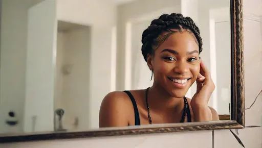 Photo of a black woman with braided hair smiling in a mirror symbolizing self-acceptance