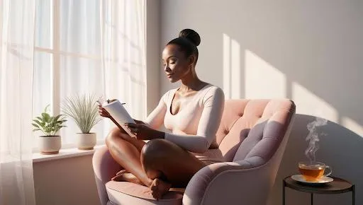 A confident, serene woman with glowing skin sitting cross-legged on a cozy chair by a window, journaling with soft natural light streaming in. Surrounded by indoor plants, a cup of tea nearby, and peaceful energy. Cozy, wellness vibe, empowering mood. Soft pastel tones, minimalistic background, wide-angle.  This visually communicates calm, intention, and inner work—perfect for a wellness-forward mindset blog.