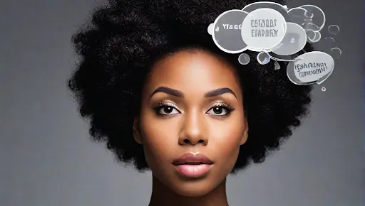 Thought bubbles around a black woman's head, filled with optimistic and growth-oriented ideas. Cognitive empowerment involves shaping beliefs, perceptions, and thought patterns to overcome obstacles and view challenges as opportunities for growth and self-empowerment.