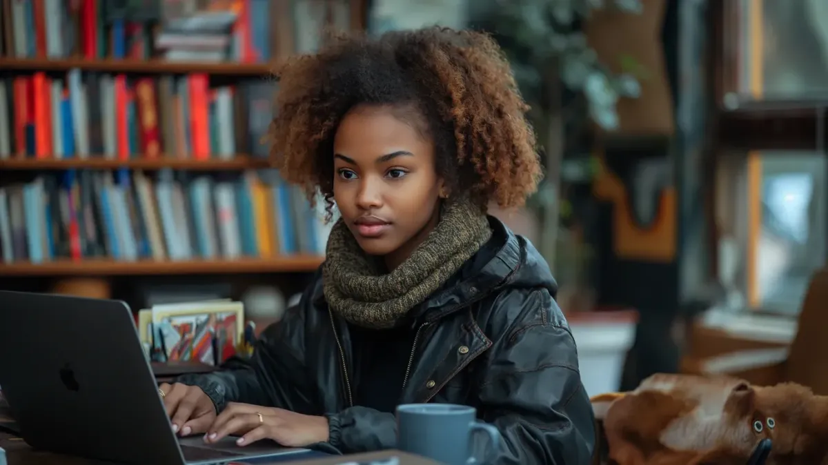 Redefining Success in 2026 through mindful productivity—person working on laptop in a cozy, book-filled café with natural light and warm ambiance.