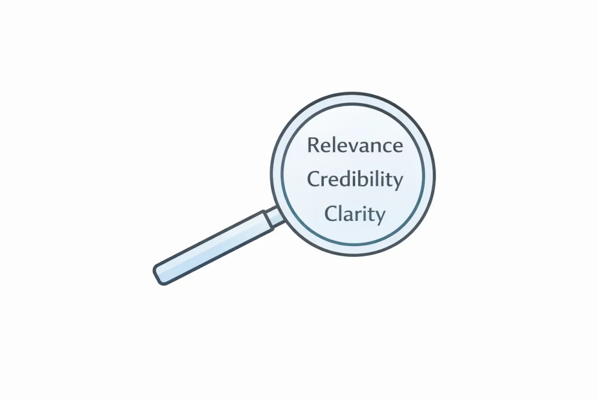 Illustration of a magnifying glass highlighting relevance, credibility, and clarity in a case story