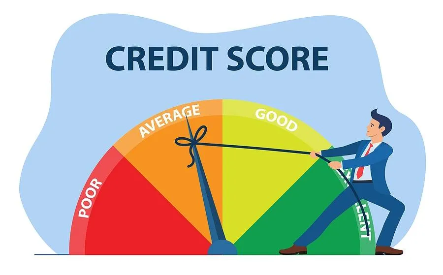 Credit score improvement visualization: Dashboard showing credit score increasing from 600 to 750 with icons representing six credit-boosting strategies