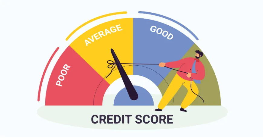 Illustration of a credit card with a gauge showing different credit utilization levels, ranging from red (high utilization) to green (low utilization).