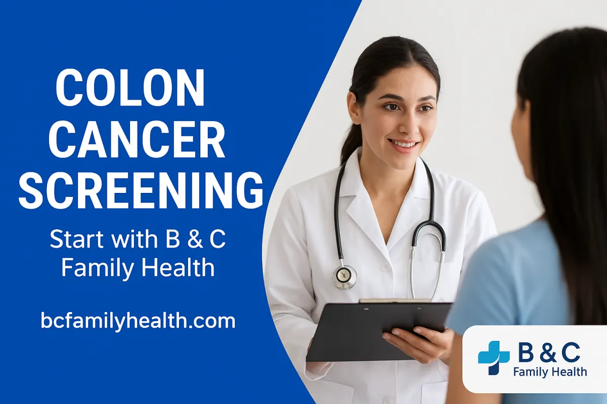 "Colon cancer screening at B&C Family Health – proactive care with referrals to gastroenterologists for colonoscopy, virtual colonoscopy, and Cologuard testing to support early detection and prevention."