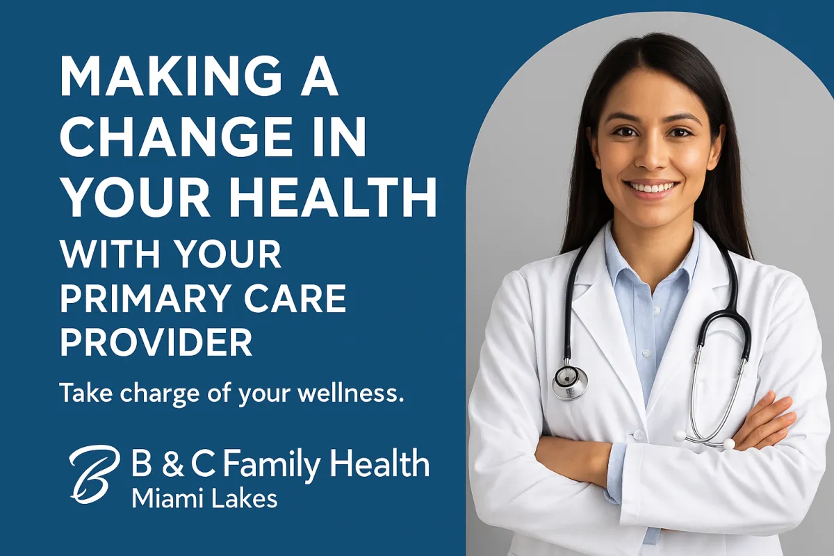 Promotional graphic for B&C Family Health highlighting the importance of making health changes with your primary care provider, wellness, and preventive care.